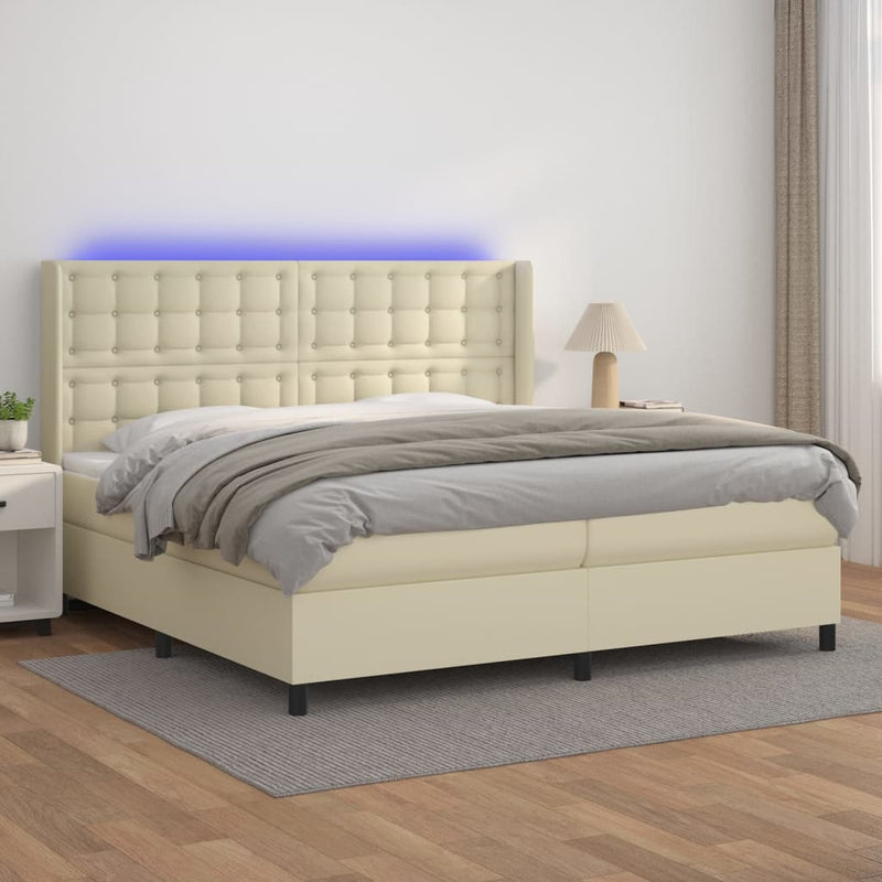 Pat cu arcuri, saltea și LED, crem, 200x200 cm, piele ecologică