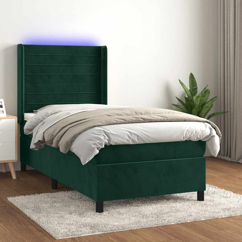 Pat cu arcuri, saltea și LED, verde închis, 100x200 cm, catifea