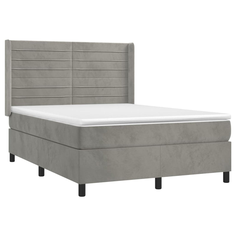 Pat continental cu saltea și LED gri deschis 140x190 cm catifea