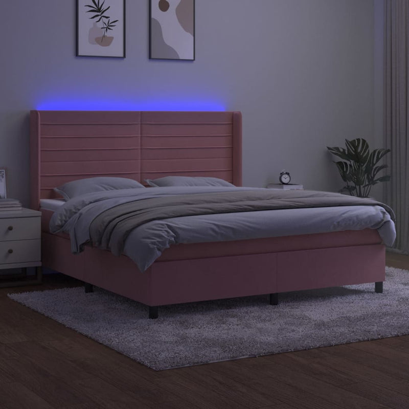 Pat cu arcuri, saltea & LED, roz, 180x200 cm, catifea