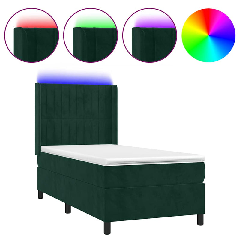 Pat continental cu saltea și LED verde închis 80x200 cm catifea