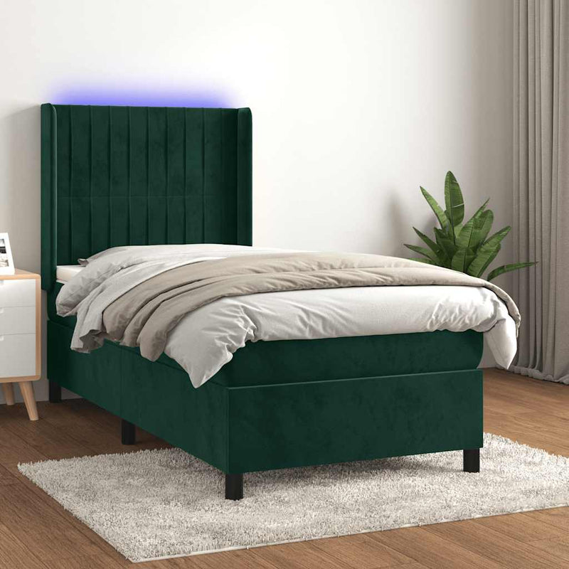 Pat cu arcuri, saltea și LED, verde închis, 90x190 cm, catifea