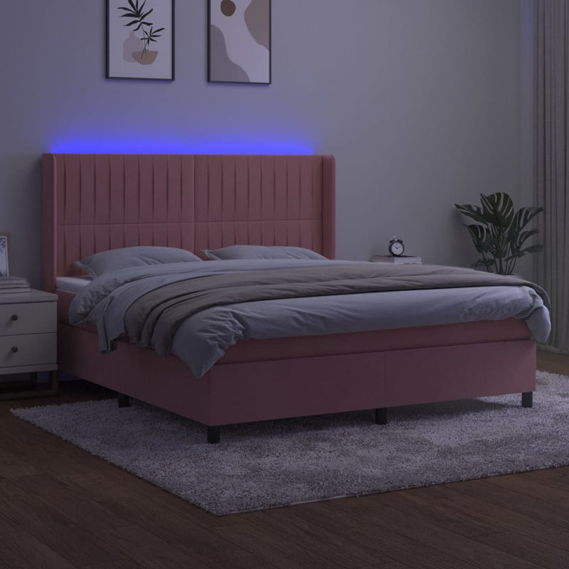 Pat continental cu saltea & LED, roz, 120x200 cm, catifea