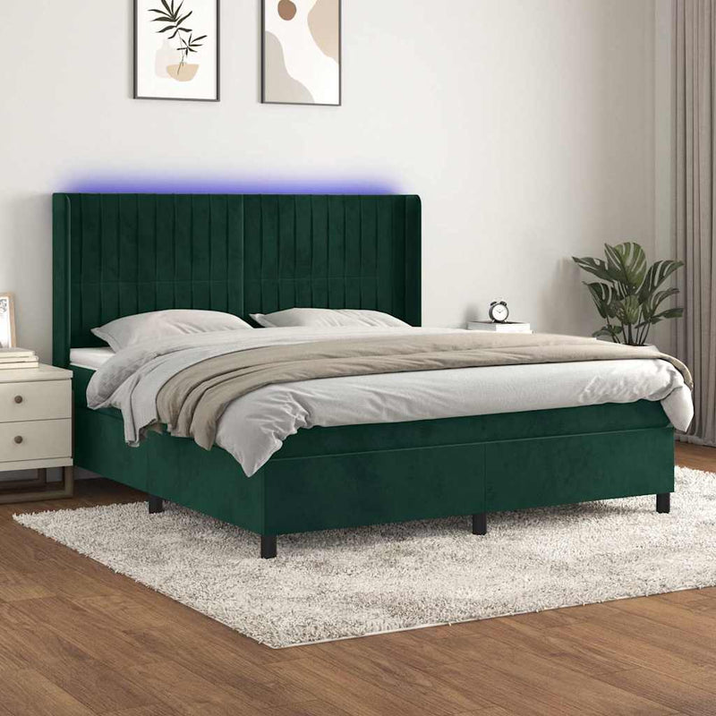 Pat cu arcuri, saltea și LED, verde închis, 180x200 cm, catifea