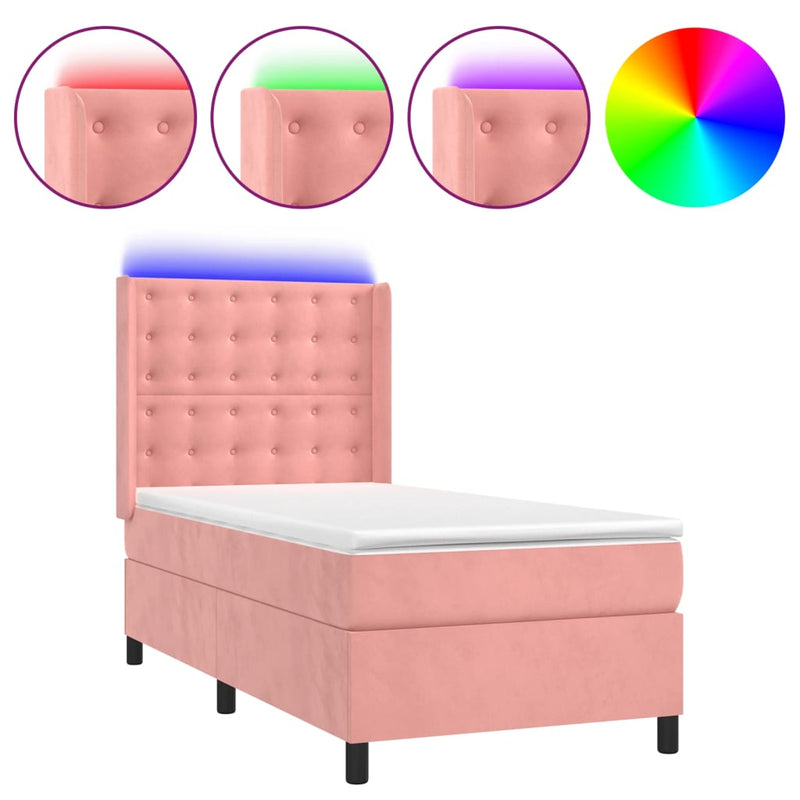 Pat continental cu saltea & LED, roz, 80x200 cm, catifea