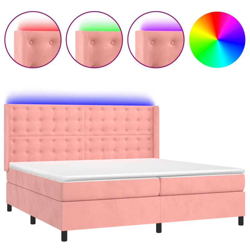 Pat continental cu saltea & LED, roz, 200x200 cm, catifea