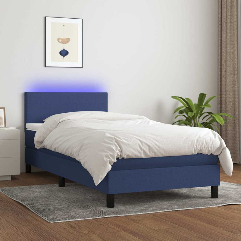 Pat cu arcuri, saltea și LED, albastru, 90x190 cm, textil