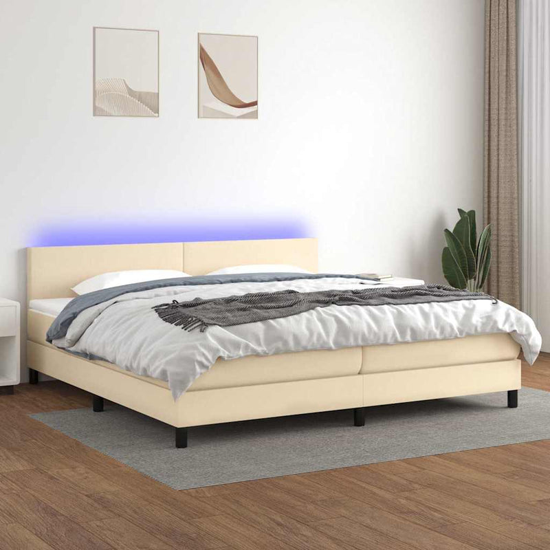 Pat cu arcuri, saltea și LED, crem, 200x200 cm, textil