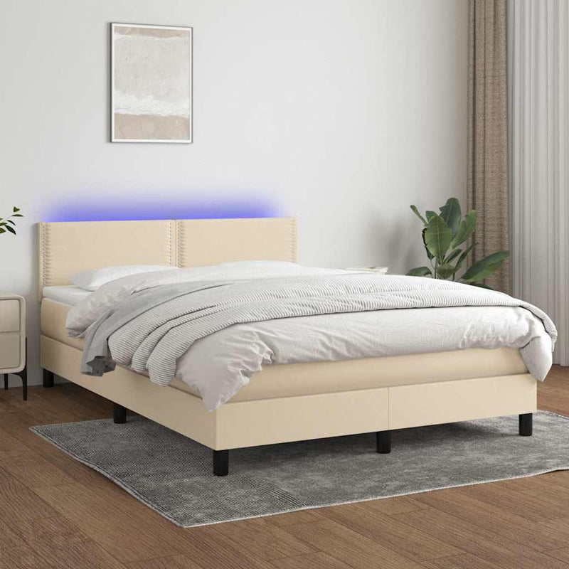 Pat cu arcuri, saltea și LED, crem, 140x200 cm, textil