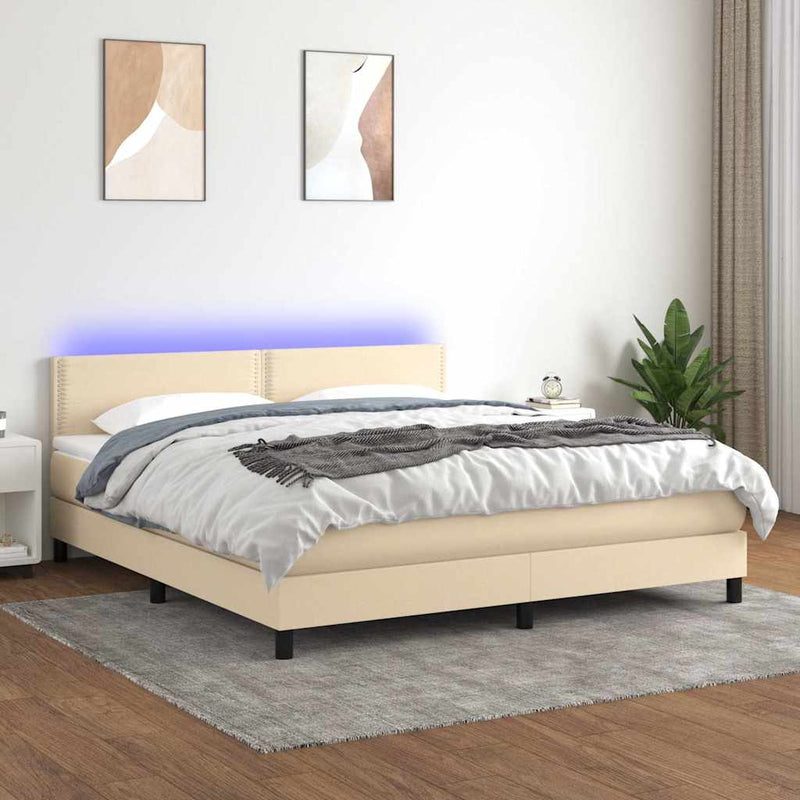 Pat cu arcuri, saltea și LED, crem, 180x200 cm, textil
