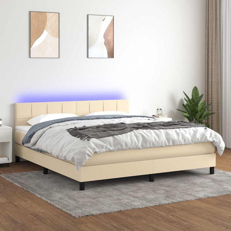 Pat cu arcuri, saltea și LED, crem, 180x200 cm, textil