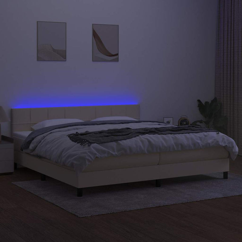Pat cu arcuri, saltea și LED, crem, 200x200 cm, textil