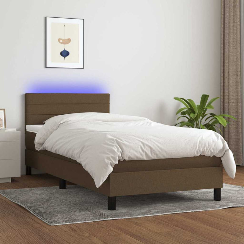 Pat cu arcuri, saltea și LED, maro închis, 90x200 cm, textil