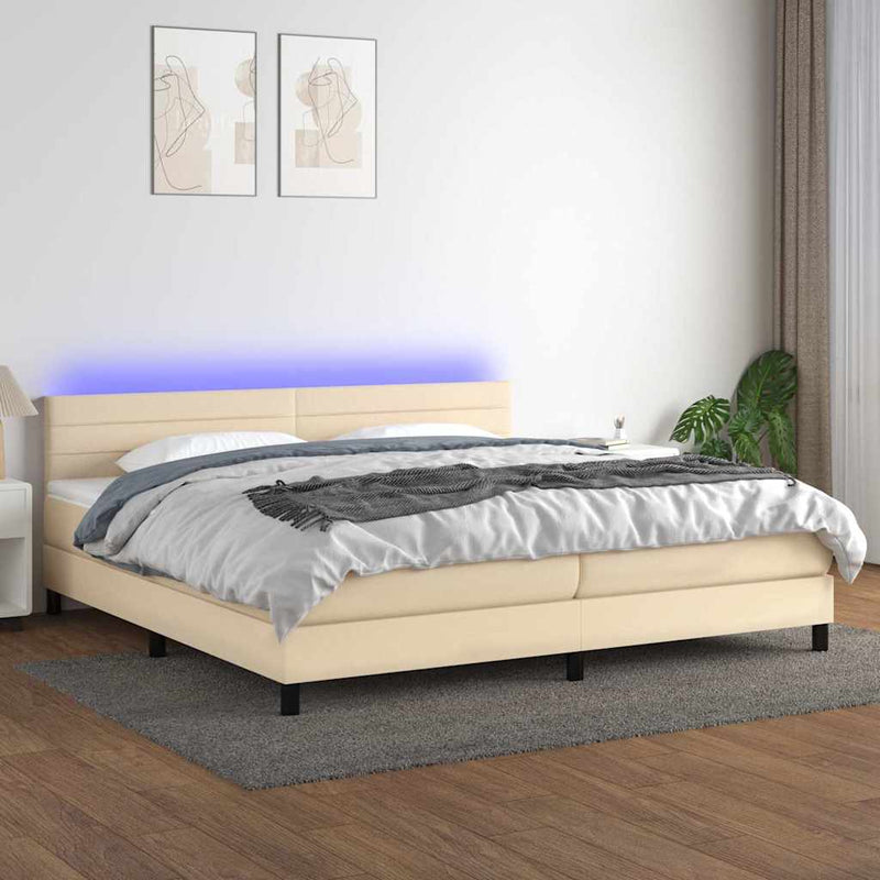 Pat cu arcuri, saltea și LED, crem, 200x200 cm, textil