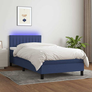 Pat cu arcuri, saltea și LED, albastru, 90x190 cm, textil