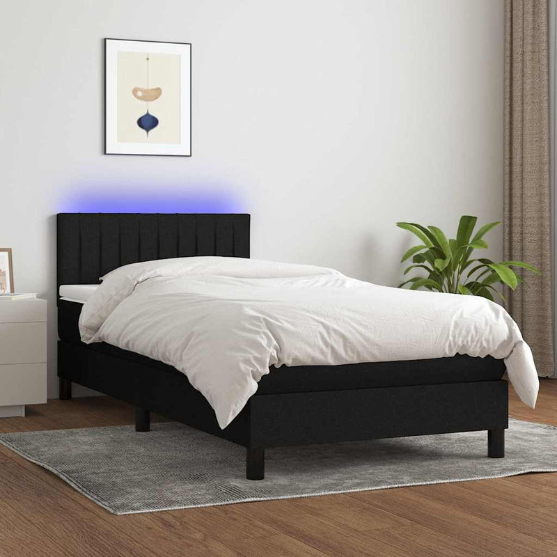 Pat cu arcuri, saltea și LED, negru, 100x200 cm, textil