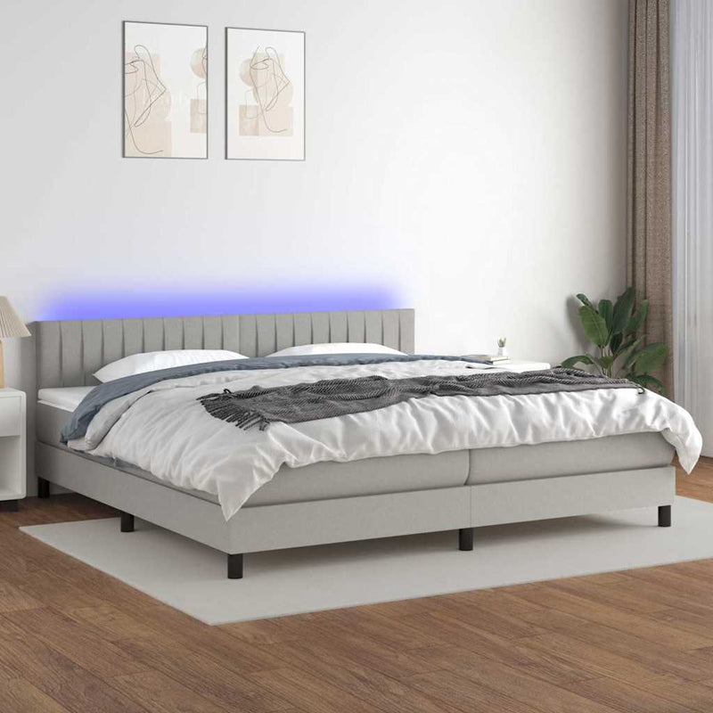Pat cu arcuri, saltea și LED, gri deschis, 200x200 cm, textil