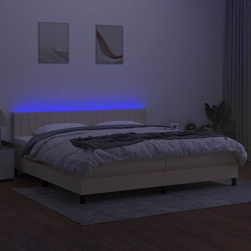 Pat cu arcuri, saltea și LED, crem, 200x200 cm, textil