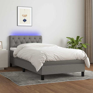 Pat cu arcuri, saltea și LED, gri închis, 80x200 cm, textil