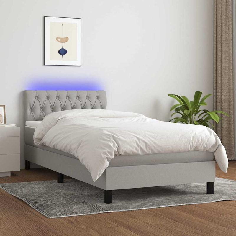 Pat cu arcuri, saltea și LED, gri deschis, 100x200 cm, textil