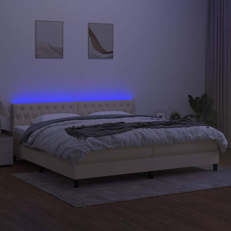 Pat cu arcuri, saltea și LED, crem, 200x200 cm, textil