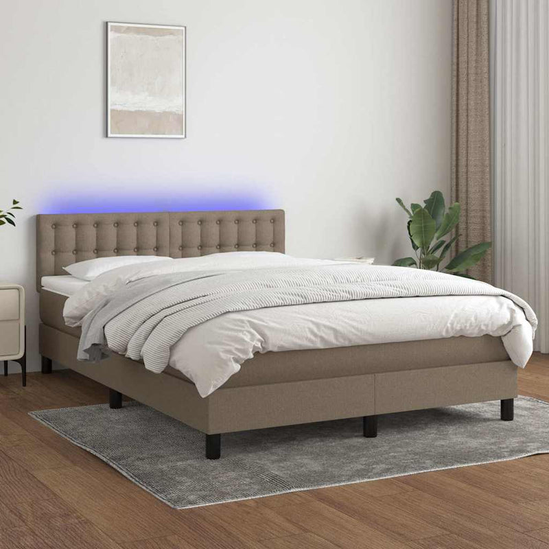 Pat cu arcuri, saltea și LED, gri taupe, 140x190 cm, textil