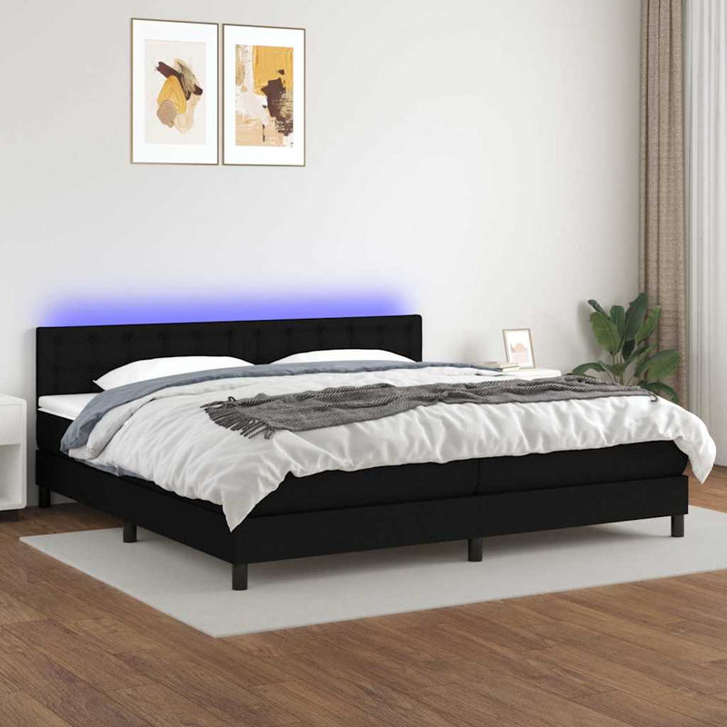 Pat cu arcuri, saltea și LED, negru, 200x200 cm, textil