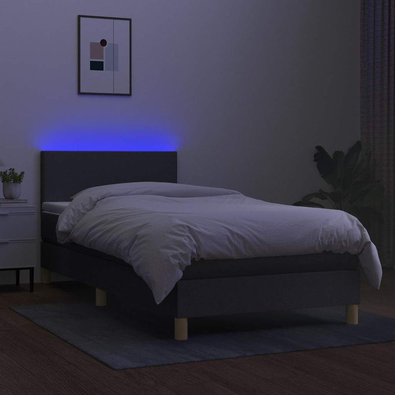 Pat cu arcuri, saltea și LED, gri închis, 90x190 cm, textil