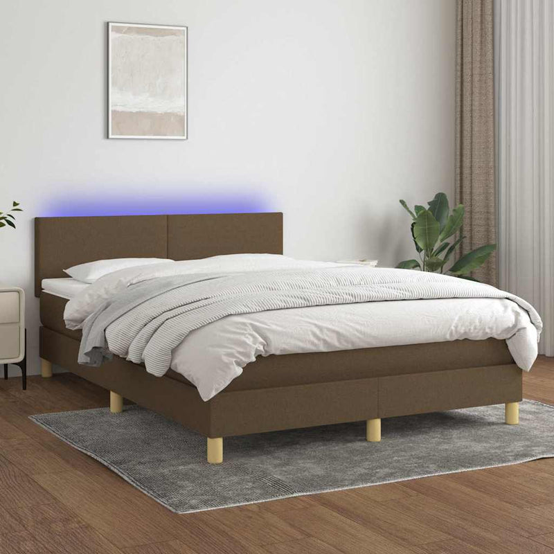 Pat cu arcuri, saltea și LED, maro închis, 140x190 cm, textil