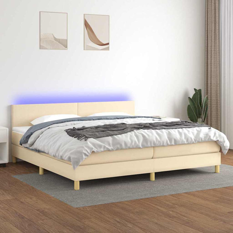 Pat cu arcuri, saltea și LED, crem, 200x200 cm, textil