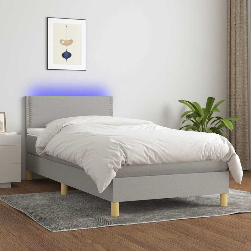 Pat cu arcuri, saltea și LED, gri deschis, 90x190 cm, textil