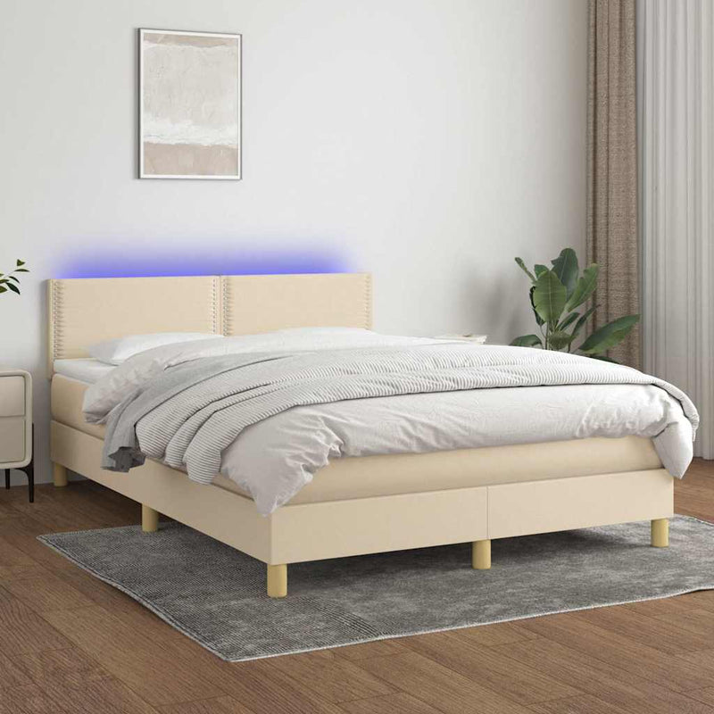 Pat cu arcuri, saltea și LED, crem, 140x200 cm, textil