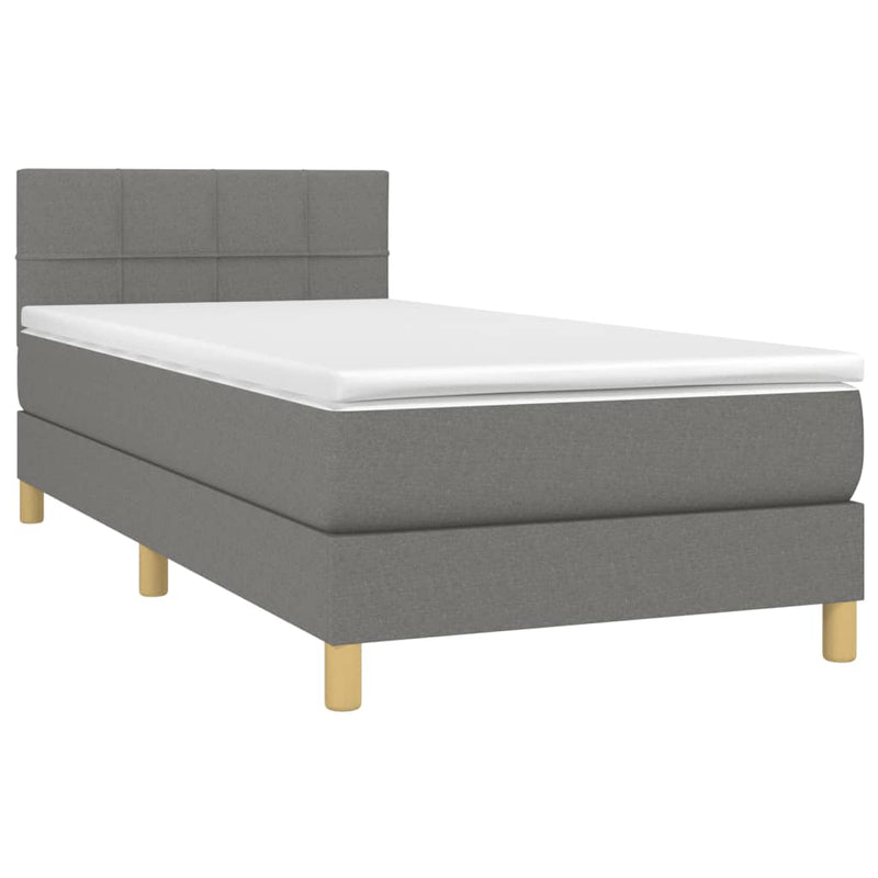 Pat cu arcuri, saltea și LED, gri închis, 90x190 cm, textil