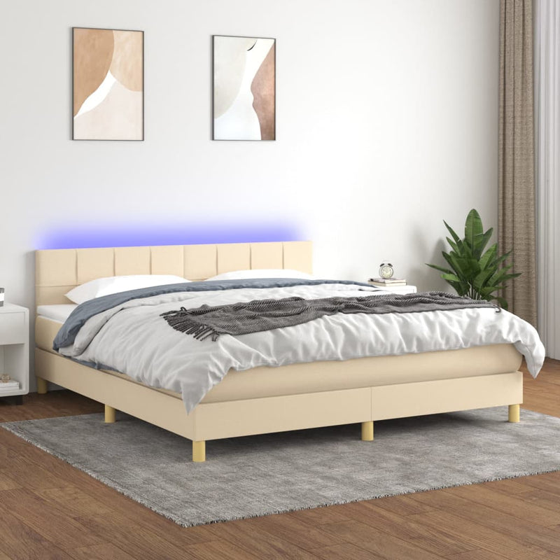 Pat cu arcuri, saltea și LED, crem, 160x200 cm, textil