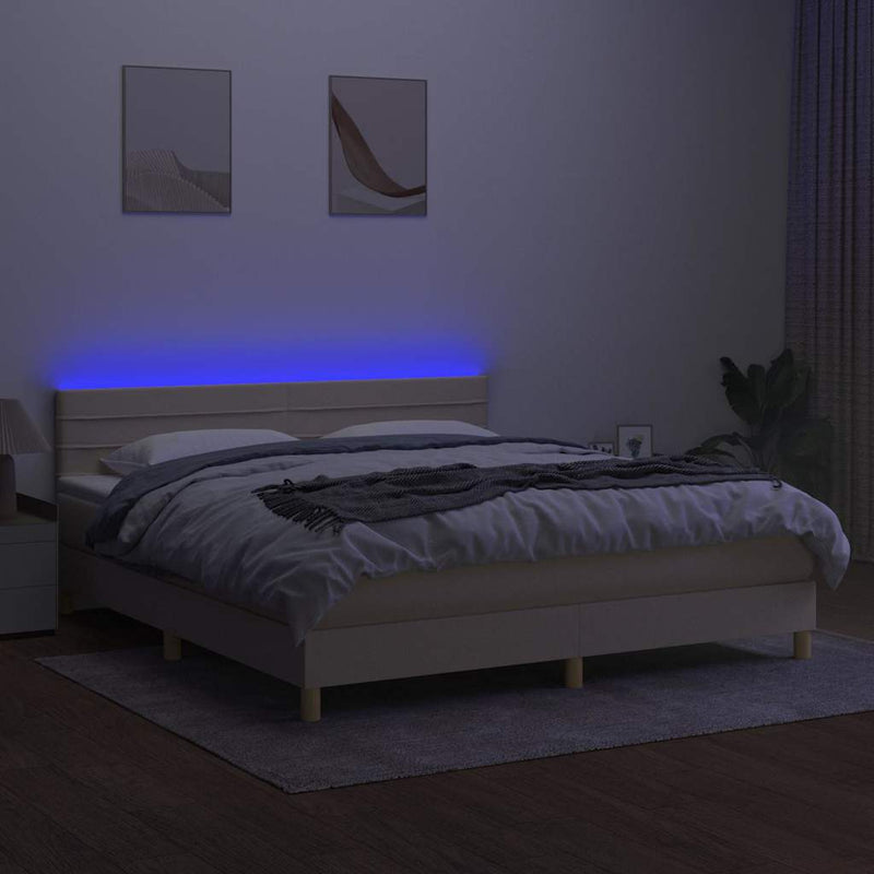 Pat cu arcuri, saltea și LED, crem, 160x200 cm, textil