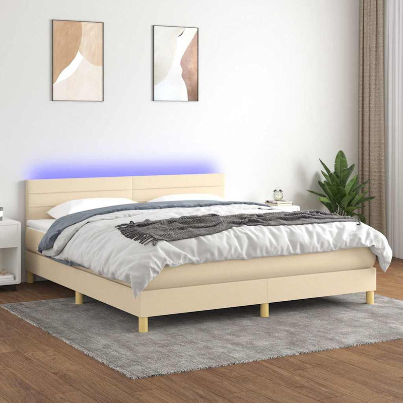 Pat cu arcuri, saltea și LED, crem, 160x200 cm, textil