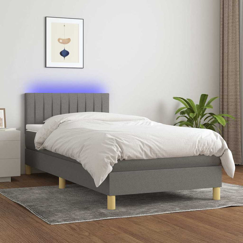 Pat cu arcuri, saltea și LED, gri închis, 90x200 cm, textil