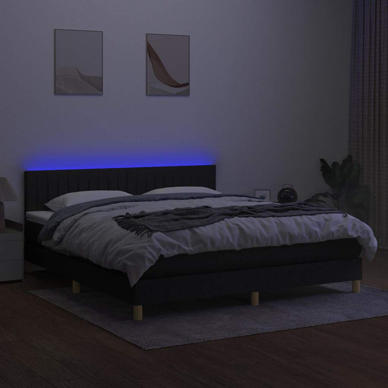 Pat cu arcuri, saltea și LED, negru, 160x200 cm, textil