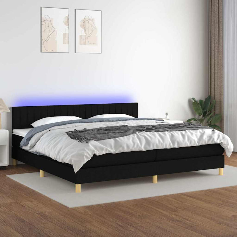 Pat cu arcuri, saltea și LED, negru, 200x200 cm, textil
