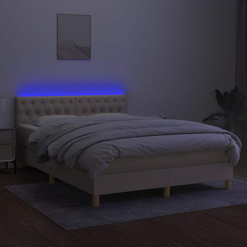 Pat cu arcuri, saltea și LED, crem, 140x190 cm, textil