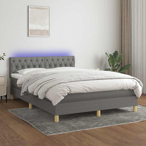 Pat cu arcuri, saltea și LED, gri închis, 140x200 cm, textil