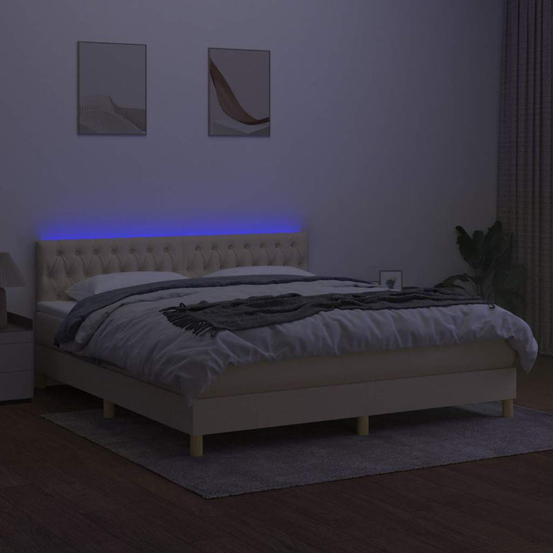 Pat cu arcuri, saltea și LED, crem, 160x200 cm, textil
