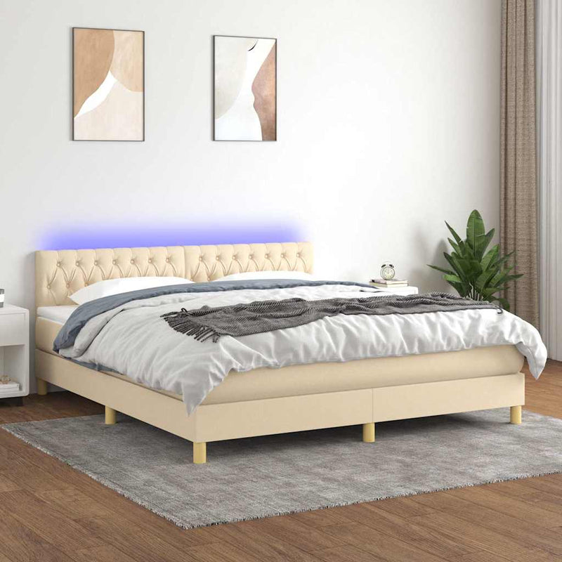Pat cu arcuri, saltea și LED, crem, 160x200 cm, textil