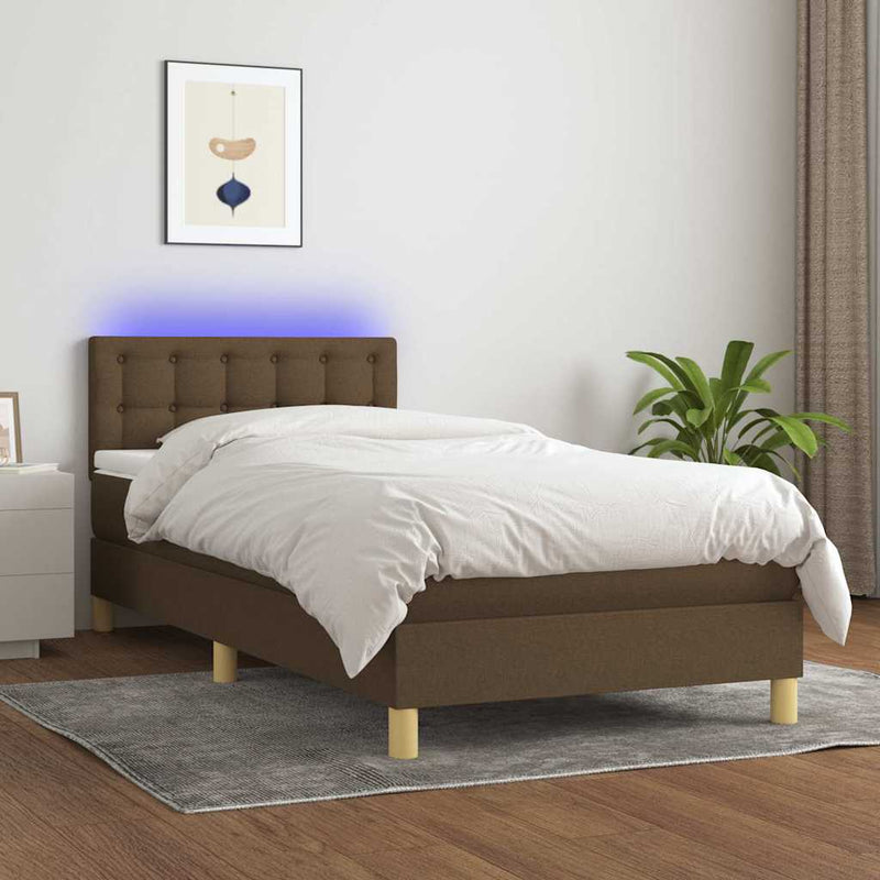 Pat cu arcuri, saltea și LED, maro închis, 80x200 cm, textil