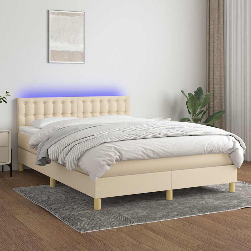Pat cu arcuri, saltea și LED, crem, 140x190 cm, textil