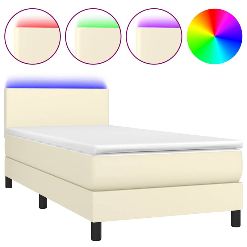 Pat continental cu saltea și LED, crem, 80x200 cm, piele eco