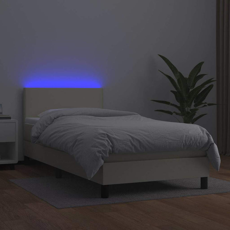Pat continental cu saltea și LED, crem, 80x200 cm, piele eco
