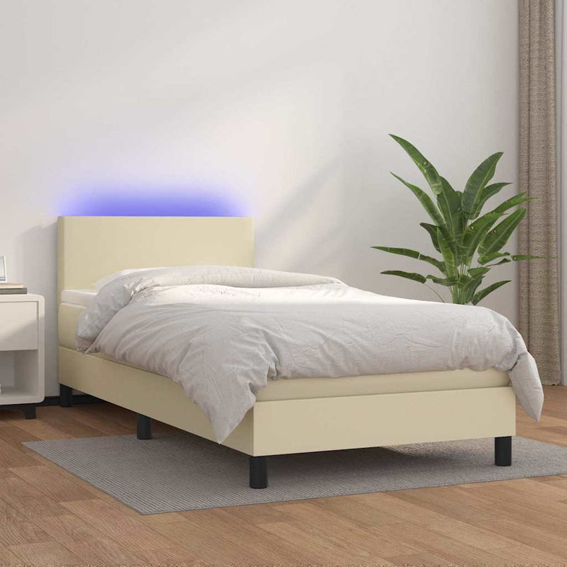 Pat continental cu saltea și LED, crem, 80x200 cm, piele eco