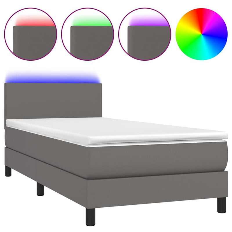 Pat cu arcuri, saltea și LED, gri, 90x190 cm, piele ecologică
