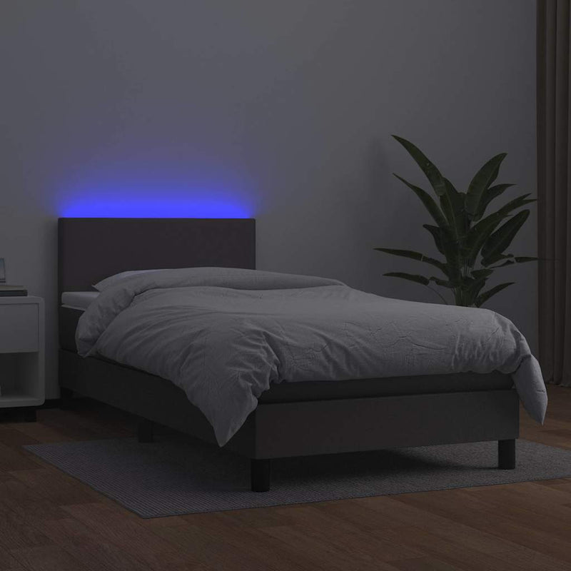 Pat cu arcuri, saltea și LED, gri, 90x200 cm, piele ecologică